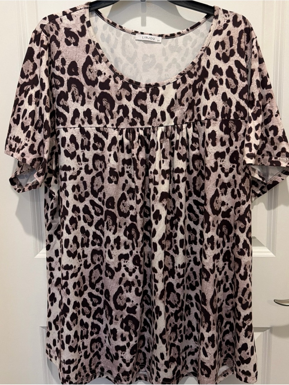 Women's Taupe and Black Leopard Print Short Sleeve Blouse